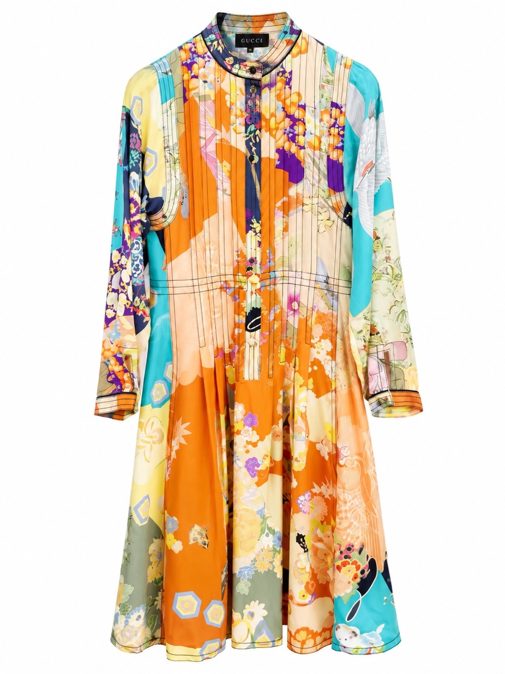 🚩steal Gucci Orange Multi-Color Floral Long-Sleeve Silk Dress